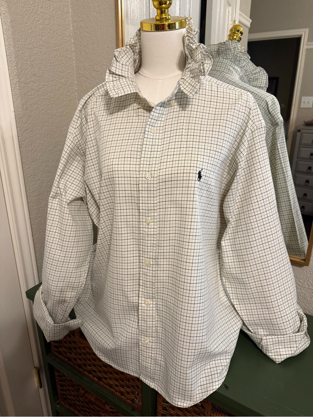 Ralph Lauren Ruffle Collar White Button-Down Shirt with Navy Grid